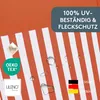 Close-up of a striped fabric with water droplets, featuring various certifications and branding. Produktbild-Vorschau