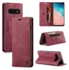 A collage of images showing a red leather wallet-style phone case for a Samsung Galaxy S10 Plus. Produktbild-Vorschau