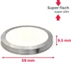 A round, slim LED light fixture with silver trim and a white diffuser, shown on a white background with measurement indicators and descriptive text. Náhľad obrázku produktu