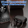 A smartphone displaying a music player interface is placed next to a pair of black wireless earbuds and their charging case. Produktbild-Vorschau
