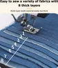 A sewing machine needle is shown sewing through multiple layers of denim fabric, with numbers indicating the layers. Produktbild-Vorschau