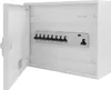 An open electrical distribution box with circuit breakers inside, shown against a white background. Produktbild-Vorschau