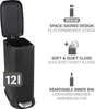 A black pedal bin with its lid open, shown with feature callouts and text descriptions. Produktbild-Vorschau