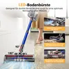 A person is using a cordless vacuum cleaner on a floor with debris, with various feature callouts. Voir les images du produit