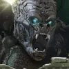 Close-up of a robotic gorilla mask with glowing blue eyes. Produktbild-Vorschau