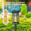 A solar garden light is shown in a garden setting, with text overlays highlighting its features. Produktbild-Vorschau