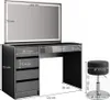 A vanity table with a large LED mirror and a stool, shown with dimensions. Produktbild-Vorschau