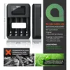 A product image showing a battery charger with dimensions and feature callouts, alongside marketing graphics. Anteprima dell’immagine prodotto