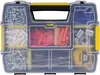 A top-down view of a clear plastic organizer box filled with various hardware items like screws, wall plugs, and a tape measure. Anteprima dell’immagine prodotto
