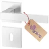 A modern, brushed metal door handle set with a keyhole escutcheon and a branded tag. Produktbild-Vorschau