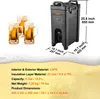 A black beverage dispenser with dimensions and specifications shown, alongside three beer mugs filled with beer. Anteprima dell’immagine prodotto