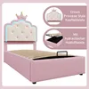 A pink upholstered bed frame with a crown-shaped headboard and LED lighting, shown with inset images highlighting features. Produktbild-Vorschau