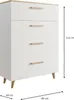A white dresser with wooden handles and legs, shown against a white background with dimension lines indicating its size. Produktbild-Vorschau