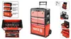 A collage of images showing a red and black rolling tool trolley with multiple drawers, and close-ups of its contents and different configurations. Produktbild-Vorschau