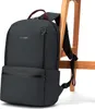 A dark gray backpack is leaning against a wooden stool. Produktbild-Vorschau