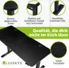 Collage showing features of a black adjustable desk, including close-ups of its rounded corners, frame, feet, and tabletop. Produktbild-Vorschau