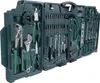 A dark green tool case is open, displaying a variety of tools neatly organized within its compartments. Produktbild-Vorschau
