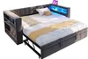 A sofa bed is shown in its extended bed form, with integrated shelving and LED lighting. Podgląd zdjęcia produktu