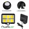 Collage of images showing details of a solar-powered outdoor light, including its motion sensor, installation bracket, the light itself, and the solar panel with its cable. Produktbild-Vorschau