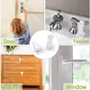 A collage of product usage images for child safety locks on doors, faucets, cabinets, and windows. Produktbild-Vorschau