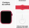 Collage showing the contents of an Apple Watch box: the watch itself, a red sport band, and a magnetic charging cable. Náhľad obrázku produktu
