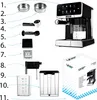 An exploded view of a coffee machine and its accessories, with the machine itself shown in the upper right corner and a product box in the lower right. Produktbild-Vorschau
