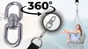 A product image showing a swing hanger with a 360-degree rotation graphic, a close-up of the carabiner, and a woman sitting in a hanging chair. Podgląd zdjęcia produktu
