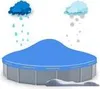 A blue pool cover is shown with clouds above it, one raining and one snowing, and snow on the ground below. Produktbild-Vorschau