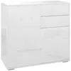 A white, glossy sideboard with two drawers and two doors, shown against a white background.