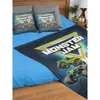 A bed with a blue comforter, two pillows, and a Monster Jam blanket. Produktbild-Vorschau