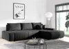 A modern living room with a black sectional sofa, a coffee table, and a large window with blinds. Produktbild-Vorschau