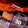 A promotional image for an iPhone 11 screen protector, featuring a winter landscape scene on a phone screen and on the screen protector itself, with dramatic sunset sky in the background. Produktbild-Vorschau