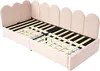 A pink upholstered bed frame with a slatted mattress support is shown against a white background. Podgląd zdjęcia produktu