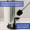 A toilet paper holder and toilet brush set with text overlays highlighting features. Produktbild-Vorschau