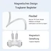 A marketing image showing two sections, one with a close-up of a white earbud cable and text describing its flexibility, and another with a pair of white earbuds and text describing their magnetic design. Produktbild-Vorschau
