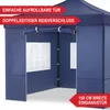 A blue pop-up tent with an open entrance, showing windows and promotional text. Produktbild-Vorschau
