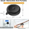 A collage showing a retractable tape measure, its dimensions, and its use in measuring fabric and its weight. Produktbild-Vorschau