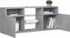 A gray TV stand with open shelves and two closed cabinets, displaying books and a decorative jar. Produktbild-Vorschau
