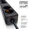 A close-up, angled view of a black power strip with multiple outlets, highlighting its features with text overlays and diagrams. Podgląd zdjęcia produktu