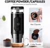 A collage showing a portable espresso machine and close-ups of how to use it with coffee powder or capsules. Podgląd zdjęcia produktu