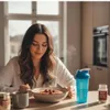 A woman is eating breakfast in a kitchen. Produktbild-Vorschau