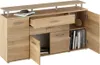 A wooden sideboard with multiple doors and drawers, some of which are open, revealing storage space and books. Produktbild-Vorschau