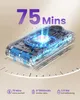 A transparent depiction of a cordless vacuum cleaner's internal components, highlighting battery cells and circuitry, with overlaid text indicating battery life and capacity. Produktbild-Vorschau