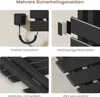 A collage of four images showcasing different features of a black electric towel warmer. Produktbild-Vorschau