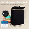 A black laundry basket with a wooden lid is shown, with folded clothes next to it and marketing text and an award badge. Produktbild-Vorschau