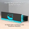 A black shelf with blue accents, showing dimensions and text about magnetic strength. Produktbild-Vorschau