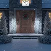 A snowy scene in front of a house with a decorated door and two illuminated trees. Podgląd zdjęcia produktu