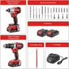 A collage of images showing a cordless hammer drill, an impact driver, screwdriver bits, batteries, a flexible shaft, and a charger. Produktbild-Vorschau