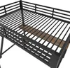 A close-up view of a black metal loft bed with wooden slats. Podgląd zdjęcia produktu