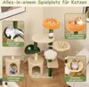 A cat tree with multiple levels and features, shown in a room setting with inset images highlighting specific parts. Podgląd zdjęcia produktu